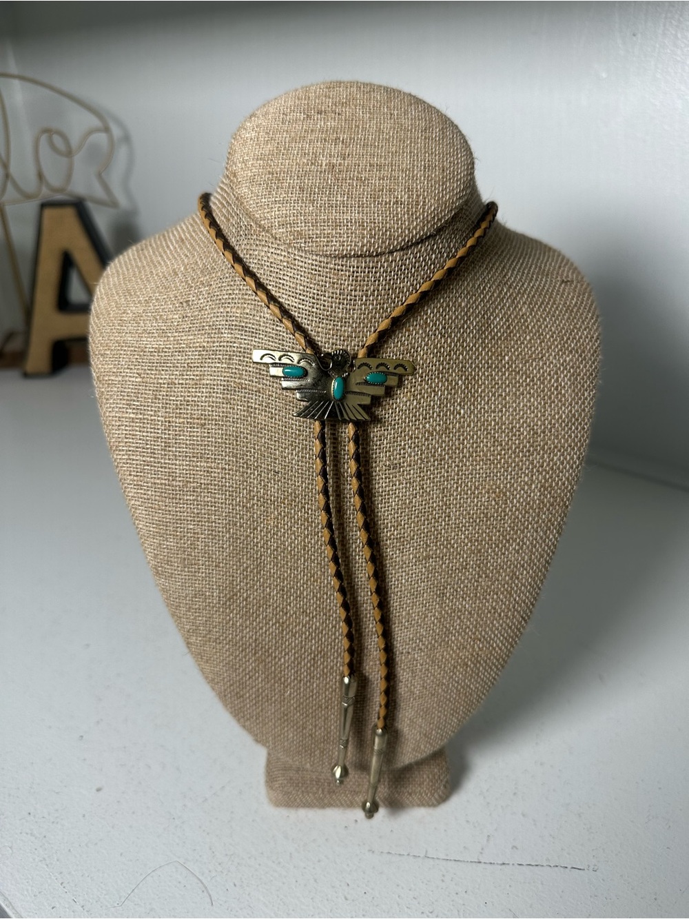 Vintage Nickle Silver Bell Trading Thunderbird Bolo Tie Turquoise Southwest